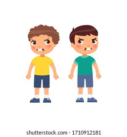 Angry little boys flat vector illustration. Furious children quarrel, aggressive kids arguing cartoon characters. Kids with mad face expression isolated on white background