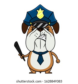 Angry Little Bulldog show its canine wearing Policeman Uniform and carry a bat Mascot Character Cartoon Vector