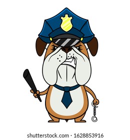 Angry Little Bulldog wearing Policeman Uniform carry a bat and handcuffs ready to catch a criminal Mascot Character Cartoon Vector