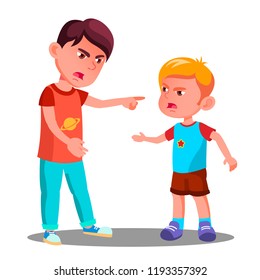 Angry Little Children Argue In Conflict.   Fighting Kids At The Playground Vector. Argue, Abuse People. Isolated Illustration