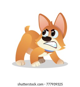 Angry little corgi growling and showing his teeth. Cartoon dog character standing in aggressive pose. Domestic animal. Flat vector illustration