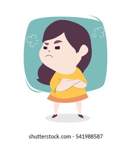 Angry little cute girl with blowing from ears, vector cartoon illustration.