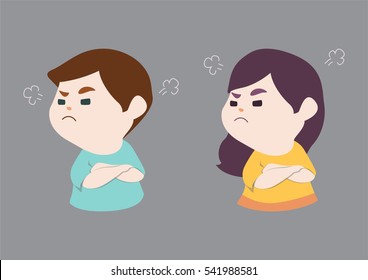 Angry little cute girl and boy with blowing from ears, vector cartoon illustration.