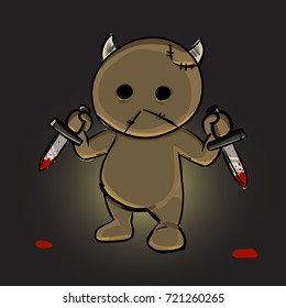 Angry little devil doll holding bloody knife in his hands, the ghost enraged some one and want to kill. drawing character vector illustration.