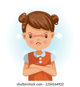 Angry little girl. child in a red shirt is expressing anger. Excitement and frown. Cartoon characters, vector illustrations, isolated on white background.