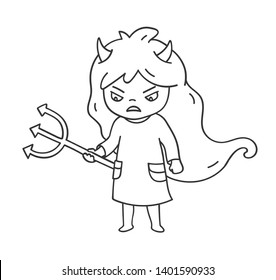 Angry little girl in dress with trident and devil horns. Cute cartoon character for emoji, sticker, pin, patch, badge. Vector outline illustration.