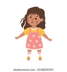 Angry little girl with face expression. Cute shouting brunette girl dressed yellow t-shirt and pink sundress cartoon vector illustration