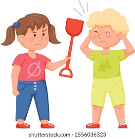 Angry little girl threatening a scared boy holding a red toy shovel, children quarrel, bad behavior, conflict between kids, negative emotions, problem in relationship