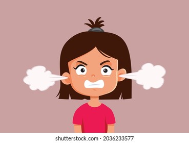 Angry Little Girl Vector Cartoon Character Illustration. Enraged kid with smoke coming out of her ears  having a tantrum episode 
