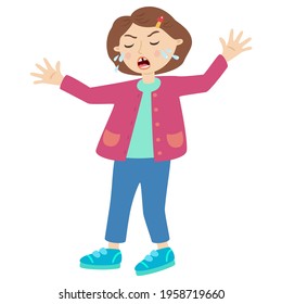 Angry little girl who screams and cries  in pink cardigan, blue pants and blue Sneakers vector illustration on the white background