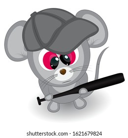 angry little mouse with a baseball bat. cartoon vector illustration on a white background.