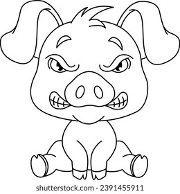 Angry Little Pig for Coloring Page. Vector Illustration of a Cute Cartoon Character
