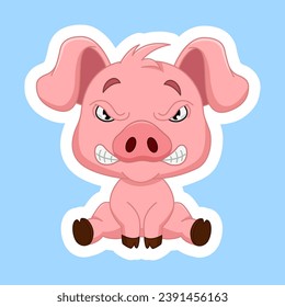 Angry Little Piglet Sticker. Vector Illustration of a Cute Cartoon Character