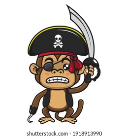 Angry little Pirates Captain Monkey wearing a pirates cap, pirates blindfold, and hook, carrying a cutlass get ready to attack opponent ship, best for mascot of Pirates themes for children svg