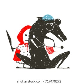 Angry Little Red Riding Hood Kill Knitting Wolf. Illustration for the fairy tale, scary wolf and a child with knife. Sketchy artistic drawing. Vector illustration.