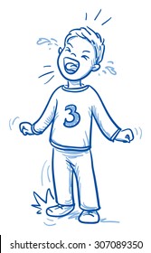 Angry little three year old boy crying furiously. Hand drawn cartoon doodle vector illustration.