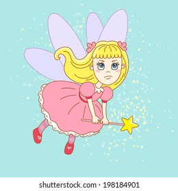 angry  little tooth fairy in a pink dress with wand on abstract background