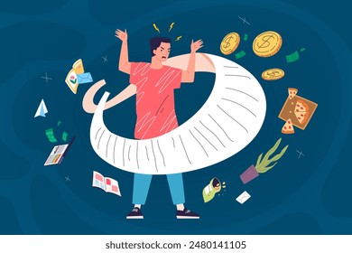 Angry loan person. Frustrated man in shock long debt paper bill listings high cost credit invoice worried customer bank problem business upset expensive price vector illustration