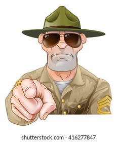 An angry looking cartoon army boot camp drill sergeant pointing