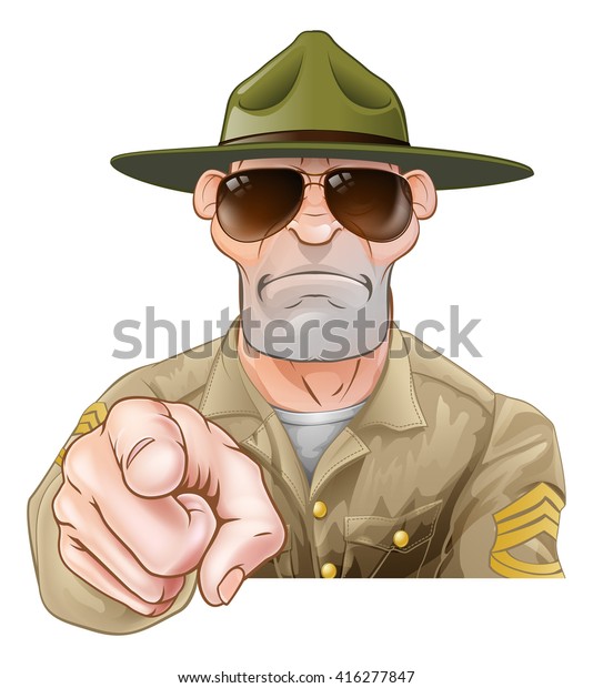 An angry looking cartoon army boot camp drill\
sergeant pointing