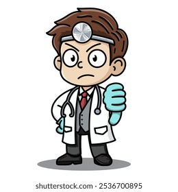 An angry looking doctor character giving a thumbs down gesture, expressing disapproval. Ideal for medical content, healthcare education, and vaccination campaigns. Vector image, Bad gesture, NO, Don't