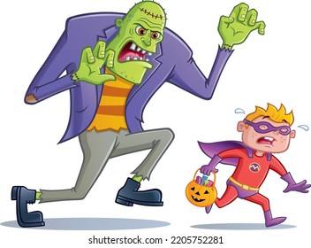 Angry looking green monster chasing after a young boy dressed in a superhero costume for Halloween and carrying a pumpkin pail with candy inside and crying.