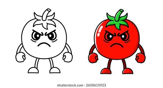 angry looking tomato cartoon character complete with sketch, tomato icon, tomato logo, perfect for sticker or emot.