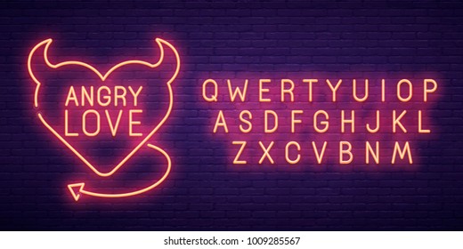 Angry Love. 3d neon sign, bright signboard, light banner. Valentine's day logo, emblem and label. Neon sign creator. Neon text edit