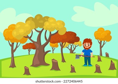 Angry lumberjack with axe cutting autumn trees on hill or meadow. Man damaging nature or ecosystem vector illustration. Deforestation, ecology, environment, wood or lumber industry concept