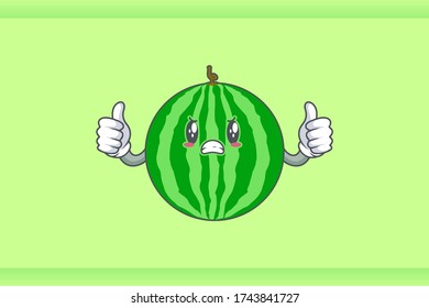 ANGRY, MAD, BAD MOOD Face Emotion. Double Thumb Up Hand Gesture. Watermelon Fruit Cartoon Drawing Mascot Illustration.