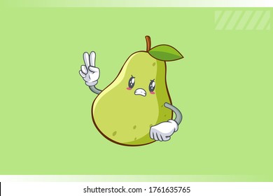 ANGRY, MAD, BAD MOOD Face Emotion. Peace Hand Gesture. Green Pear Fruit Cartoon Drawing Mascot Illustration.