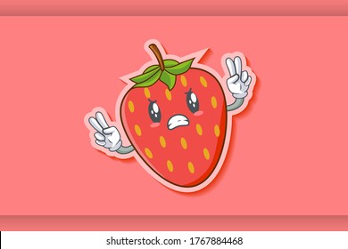 ANGRY, MAD, BAD MOOD Face Emotion. Double Peace Hand Gesture. Red Strawberry Fruit Cartoon Drawing Mascot Illustration.