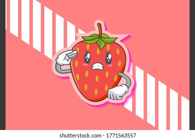 FURIOSO, MAD, MALO MODO Emoción facial. Saludo a Hand Gesture. Caricatura De Fruta De Fresa Roja Dibujando Ilustración De Mascota.