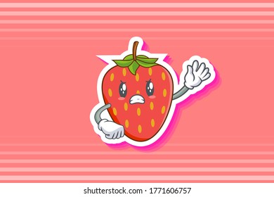 ANGRY, MAD, BAD MOOD Face Emotion. Waving Hand Gesture. Red Strawberry Fruit Cartoon Drawing Mascot Illustration.