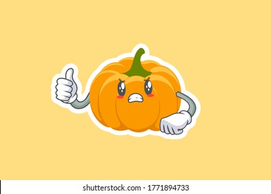 ANGRY, MAD, BAD MOOD Face Emotion. Thumb Up Hand Gesture. Yellow, Orange Pumpkin Fruit Cartoon Drawing Mascot Illustration.