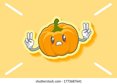 ANGRY, MAD, BAD MOOD Face Emotion. Double Peace Hand Gesture. Yellow, Orange Pumpkin Fruit Cartoon Drawing Mascot Illustration.