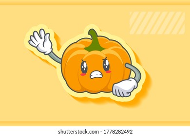 FURIOSO, MAD, MALO MODO Emoción facial. Gesto de mano ondulante. Ilustración de la mascota de dibujos animados de la piel de calabaza amarilla y naranja.