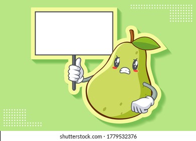 ANGRY, MAD, BAD MOOD Face Emotion. Holding Whiteboard Hand Gesture. Green Pear Fruit Cartoon Drawing Mascot Illustration.