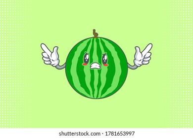 ANGRY, MAD, BAD MOOD Face Emotion. Double Forefinger Handgun Gesture. Watermelon Fruit Cartoon Drawing Mascot Illustration.