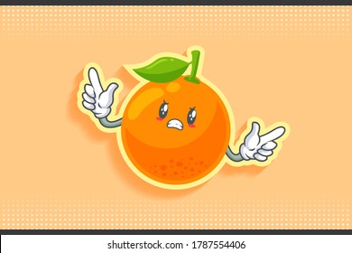 FURIOSO, MAD, MALO MODO Emoción facial. Gesto doble de la pistola del dedo delantero. Orange, Citrus Fruit Cartoon Dibujando Ilustración Mascota.