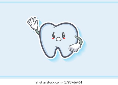 ANGRY, MAD, BAD MOOD Face Emotion. Waving Hand Gesture. Tooth Cartoon Drawing Mascot Illustration.