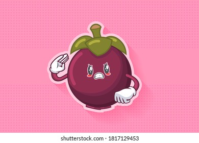 ANGRY, MAD, BAD MOOD Face Emotion. Salute, Respect Hand Gesture. Mangosteen Fruit Cartoon Drawing Mascot Illustration.