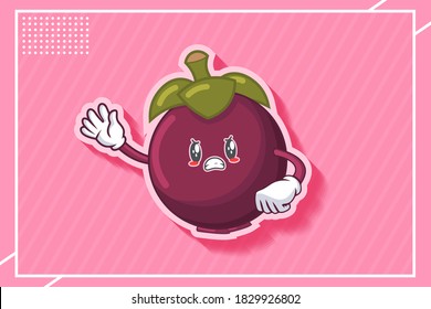 ANGRY, MAD, BAD MOOD Face Emotion. Waving Hand Gesture. Mangosteen Fruit Cartoon Drawing Mascot Illustration.