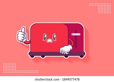 ANGRY, MAD, BAD MOOD Face Emotion. Thumb Up Finger Hand Gesture. Toaster Cartoon Drawing Mascot Illustration.