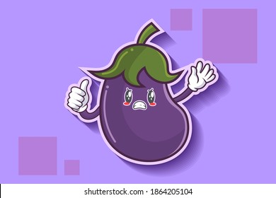 ANGRY, MAD, BAD MOOD Face Emotion. Thumb Up Finger Hand Gesture. Eggplant vegetable Cartoon Drawing Mascot Illustration.