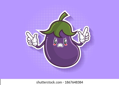 FURIOSO, MAD, MALO MODO Emoción facial. Gesto del dedo de la pistola. Ilustración de la mascota de dibujo de verduras de berenjena.