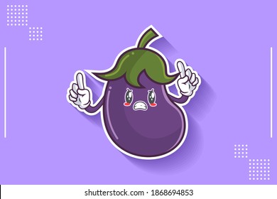 ANGRY, MAD, BAD MOOD Face Emotion. Double Forefinger Hand Gesture. Eggplant vegetable Cartoon Drawing Mascot Illustration.