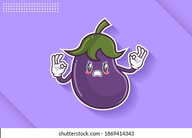 ANGRY, MAD, BAD MOOD Face Emotion. Double Nice Hand Gesture. Eggplant vegetable Cartoon Drawing Mascot Illustration.