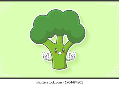 ANGRY, MAD, BAD MOOD Face Emotion. Double Forefinger Handgun Gesture. Broccoli Vegetable Cartoon Drawing Mascot Illustration.