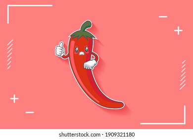 ANGRY, MAD, BAD MOOD Face Emotion. Thumb Up Hand Gesture. Chili Vegetable Cartoon Drawing Mascot Illustration.